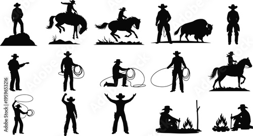 Cowboy silhouettes set western rodeo characters horse riding lasso campfire ranch lifestyle black vector illustration collection isolated design