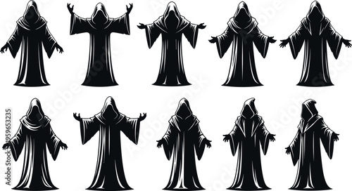 Dark hooded figures silhouettes mysterious cloaked characters fantasy robes black vector illustration set isolated design
