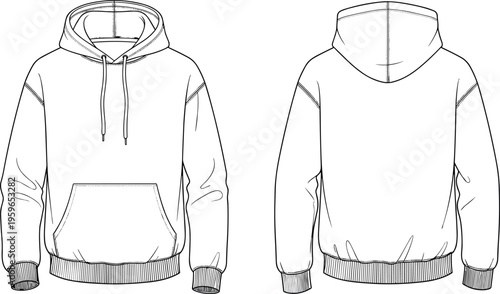 Hoodie sweatshirt front and back view fashion template casual clothing apparel outline line art vector illustration design set