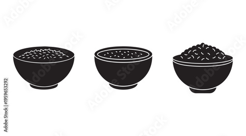 Three black bowls of rice and beans on white background for food and nutrition concepts  various types of grains and legumes