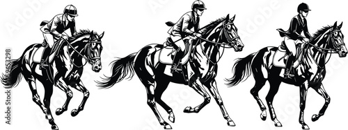Horse rider jumping equestrian sport silhouettes jockey riding race horses dynamic motion black vector illustration set isolated design