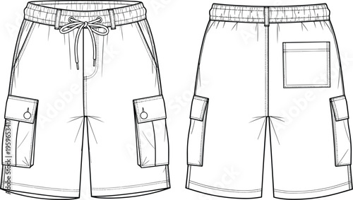 Men cargo shorts front and back view fashion template casual clothing apparel outline line art vector illustration design set