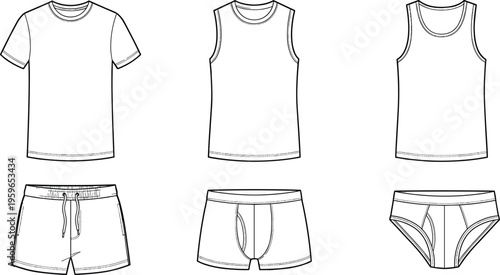 Men clothing set t shirt tank top shorts underwear outline fashion templates black line vector illustration collection apparel design