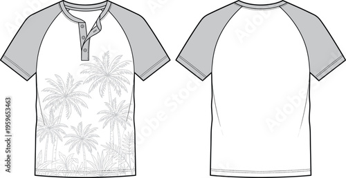 Men raglan t shirt with tropical palm print front and back view casual summer apparel vector illustration isolated