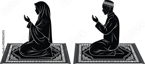 Muslim man and woman praying on prayer mat Islamic prayer namaz dua worship silhouette vector illustration isolated on white