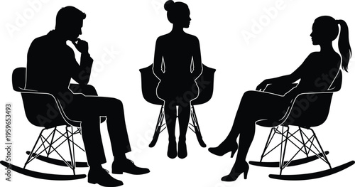 Psychotherapy session silhouettes therapist and patients sitting chairs counseling mental health support conversation psychology concept black vector illustration set