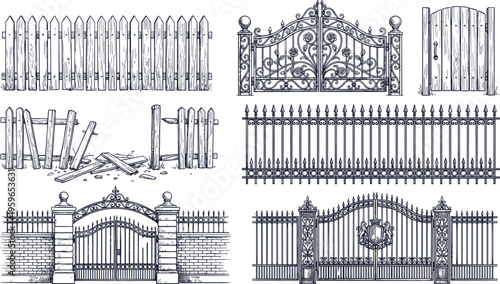 Vintage fences and gates collection wooden picket iron decorative garden barriers detailed engraving style vector illustration set isolated