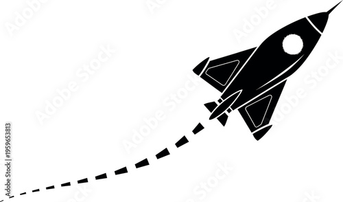 Rocket launch icon, black spaceship flying with trail, startup business concept art