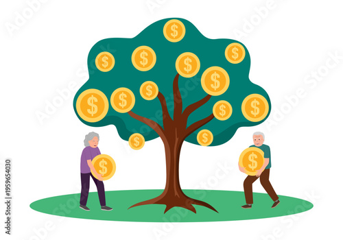 Senior couple harvesting money from gold coins tree for financial growth and return on investment profit and retirement financial planning vector illustration