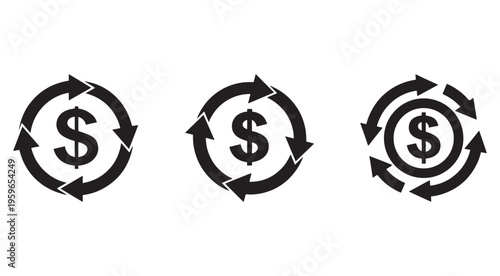 Three black dollar sign icons with circular arrows indicating recycling or reuse of money and financial transactions in a circular economy concept