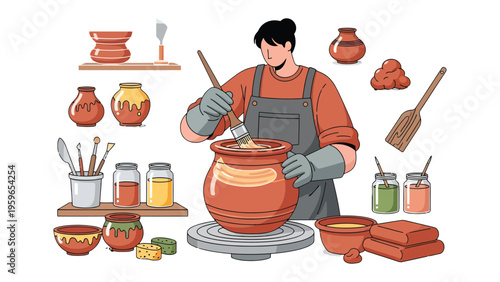 Artisan in the Pottery Studio: An artisan, immersed in the craft of pottery, meticulously works on a clay vessel, surrounded by tools and materials that speak to the artistry and skill of ceramics.