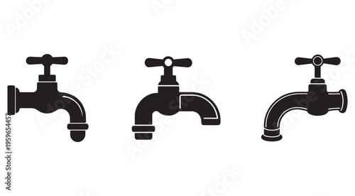 Three black faucet icons in different orientations for plumbing or water supply concepts  simple designs