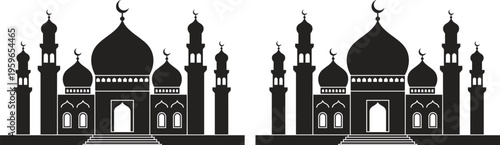 Islamic Mosque Silhouette Panorama with Domes and Minarets, Arabic Architecture Illustration for Ramadan and Eid Celebration Design
