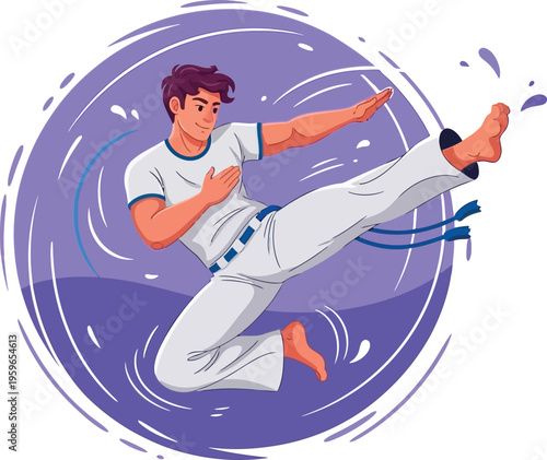 Capoeira Male High Kick Action Pose, Brazilian Martial Arts Dance Vector Illustration
