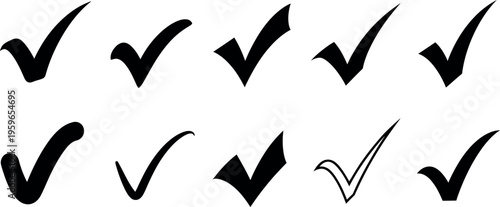 Check mark icons set, 10 hand drawn tick symbols, approved and correct vector elements