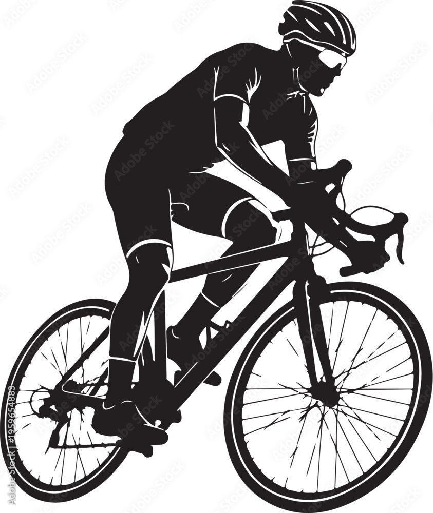 Naklejka premium Cyclist riding bicycle in black silhouette on white background