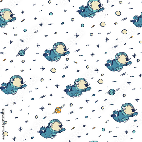 Seamless Retro Cute Astronaut Cosmonaut Pattern Teal Hand Drawn Vector