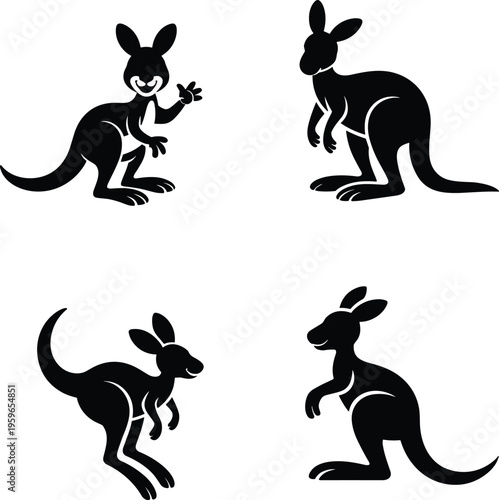 Kangaroo Silhouette Set, Black Vector Cartoon Wallaby and Marsupial Icons Isolated on White Background for Design Wildlife Illustration Collection