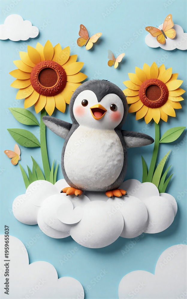 Obraz premium Cute penguin stands on cloud surrounded by sunflowers and butterflies.