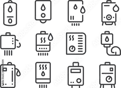 Various water heater icons for home appliances, including boiler, tankless, electric, and gas models, vector illustration