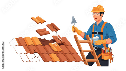 Roofer at Work: A skilled roofer, equipped with tools and expertise, meticulously works on a new roof. the craftsman applies tiles and mortar with precision.
