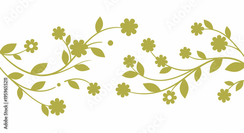 Floral border, green leaves, flowers vector, decorative foliage, botanical illustration