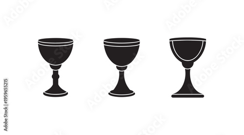 Three black goblet icons in different designs on white background  simple wine cup illustrations