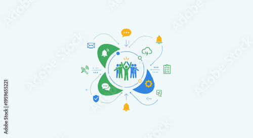 Business communication icons, teamwork collaboration symbols, organization workflow graphics, vector