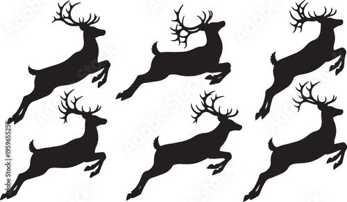 Silhouette of deer jumping in different poses and angles freely