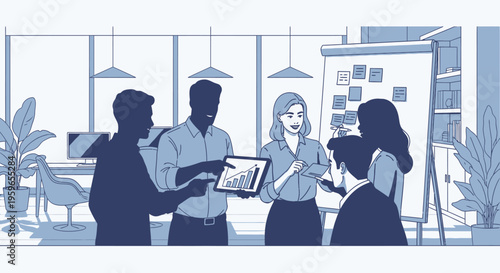 Business team, office collaboration, meeting, strategy planning, blue monochrome illustration