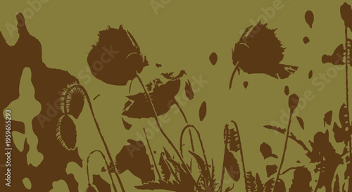 Brown floral silhouettes, olive green background, vector flowers, botanical illustration, decorative border