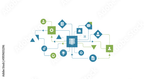 Infographic elements, flowchart symbols, blue and green icons, vector graphics, business process diagram