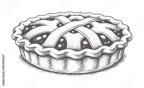 Black and white of a lattice pie with fruit filling dessert food baking pastry