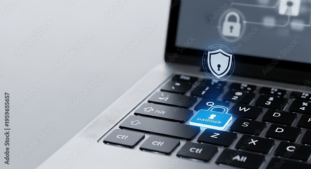 Obraz premium Close up of a laptop keyboard with digital security and protection symbols