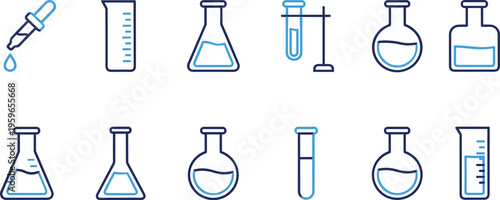 Laboratory glassware icons set, chemistry equipment outline illustration, scientific research tools, medical and educational lab symbols