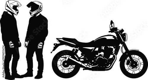 two motorcycle riders with helmets standing beside modern motorbike silhouette isolated on white background biker lifestyle transport concept illustration