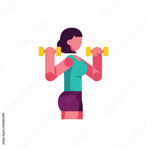 Flat Vector Illustration of Sporty Woman Training with Dumbbells