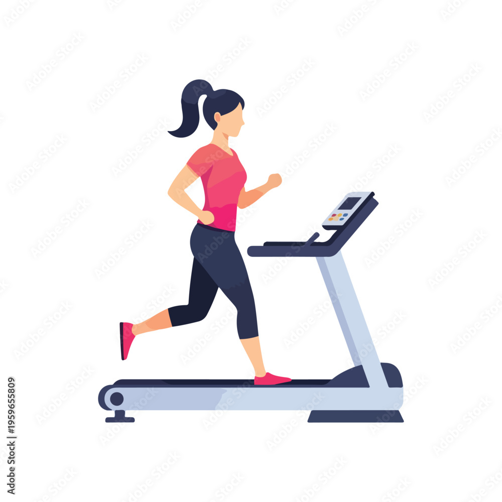 Fototapeta premium Modern Flat Vector of Woman Jogging on Treadmill in Gym