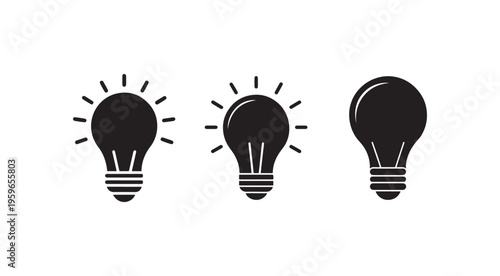 Three black light bulbs with lines around two of them to indicate light emission on white background  business idea concept