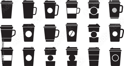 Black and white coffee cups in various styles arranged