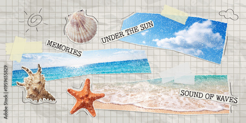 Trendy paper cutout collage summer elements with adhesive tape on a notebook sheet. Clippings of sea, beach, sun and sky.  Halftone style stickers with doodles. Modern collage template.