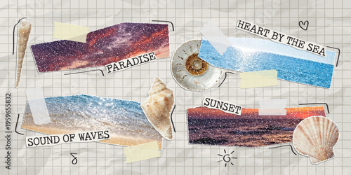 Trendy paper cutout collage summer elements with adhesive tape on a notebook sheet. Clippings of sea, beach, sun and sky.  Halftone style stickers with doodles. Modern collage template.