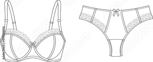 Lace bra and panties set illustration, women lingerie fashion technical drawing isolated on white
