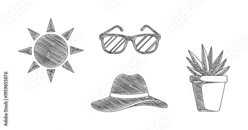 Hand drawn sun sunglasses hat and potted plant
