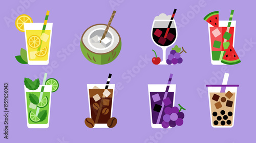 Set of Summer Cold Drinks and Tropical Cocktails Icons Including Lemonade Coconut Mojito Iced Coffee and Grape Juice Vector Illustration on Purple