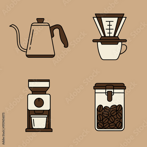 Professional Coffee Brewing Equipment Set Including Gooseneck Kettle Coffee Dripper Grinder and Glass Jar with Beans Vector Icons on Brown