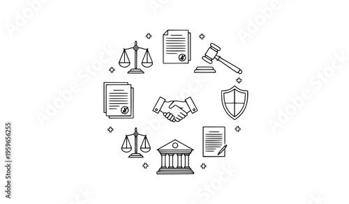 Law and justice outline icons in circular layout minimalist legal service vector set