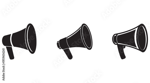 Three black megaphones in different positions for announcements and public speaking  loudspeakers for communication and broadcasting