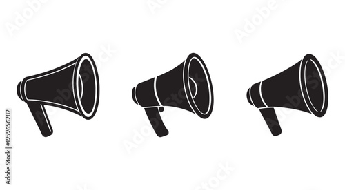 Three black megaphones with white outlines facing different directions for announcements and loudspeaker communication  loudhailers for public speaking and events