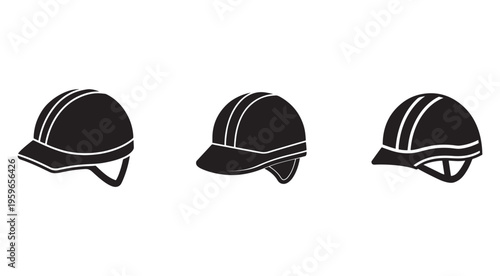 Three black motorcycle helmets with white stripes in different angles for safety gear and protective equipment  motorcycle helmets with various views